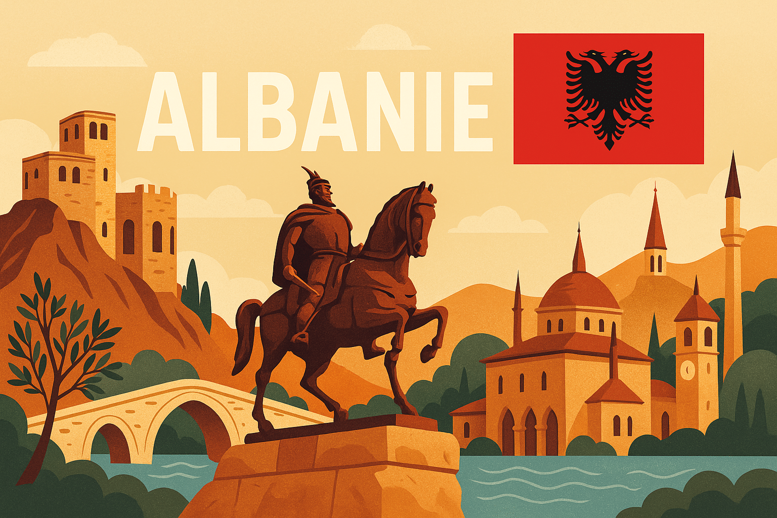 Illustration d'Albanie avec drapeau et monuments.