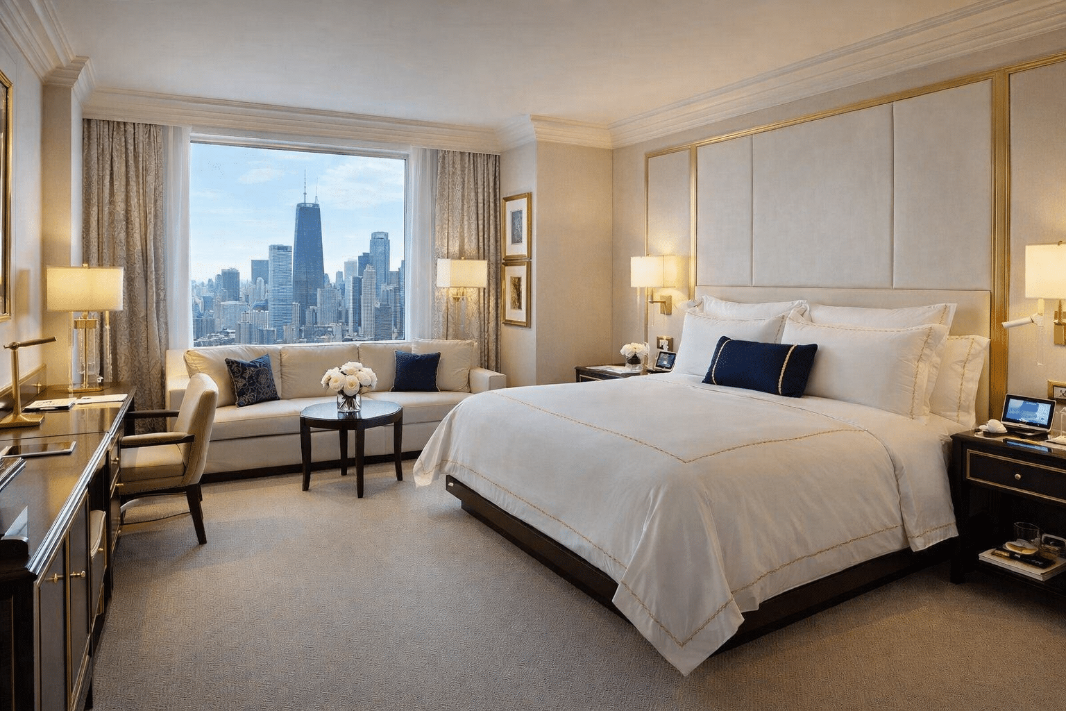 Luxury hotel room with city skyline view Elegant hotel bedroom with large bed, sitting area, and city skyline view through window